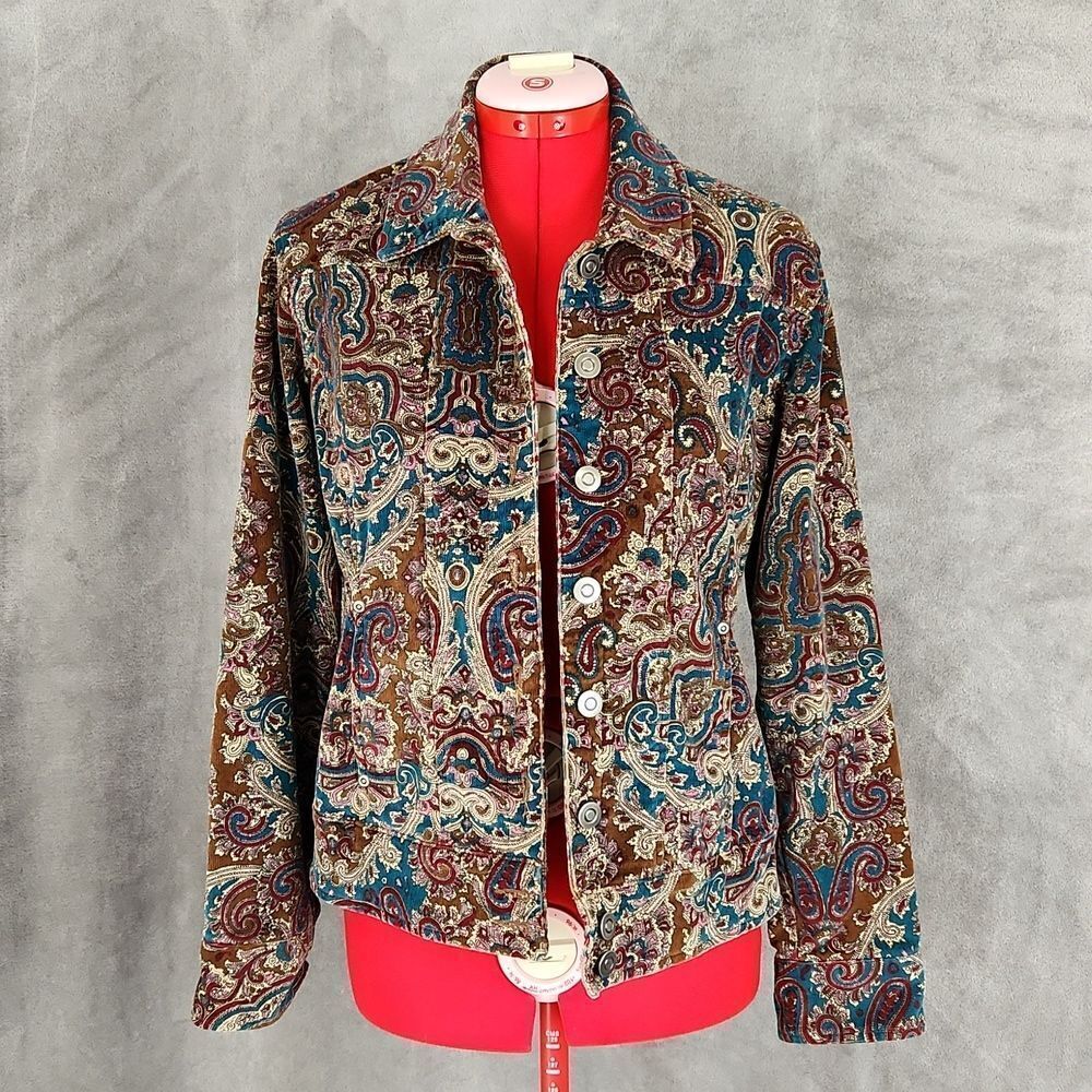 Paisley Print Jacket Womenâs Medium Brown Blue Button Front Stretch Blazer Boho